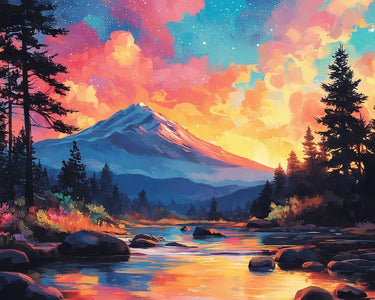 Timanttimaalaus, jossa vuoristomaisema loistaa auringonlaskun ja värikkään taivaan alla.